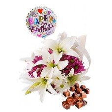 Asiatic and Chryssie Package with Chocolate Box and Helium Happy Birthday Balloon